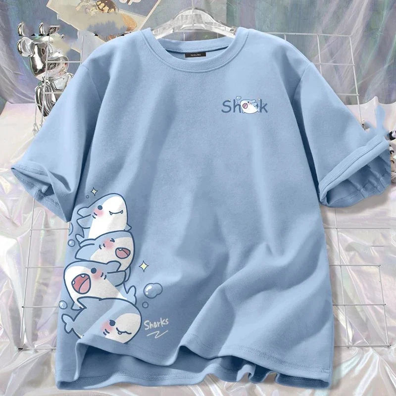 Kids Summer Cotton T-Shirt Tops Q Cute Shark Print Boys Girls Street Hip Hop T-Shirt Soft Home Tee Kids Short Sleeve