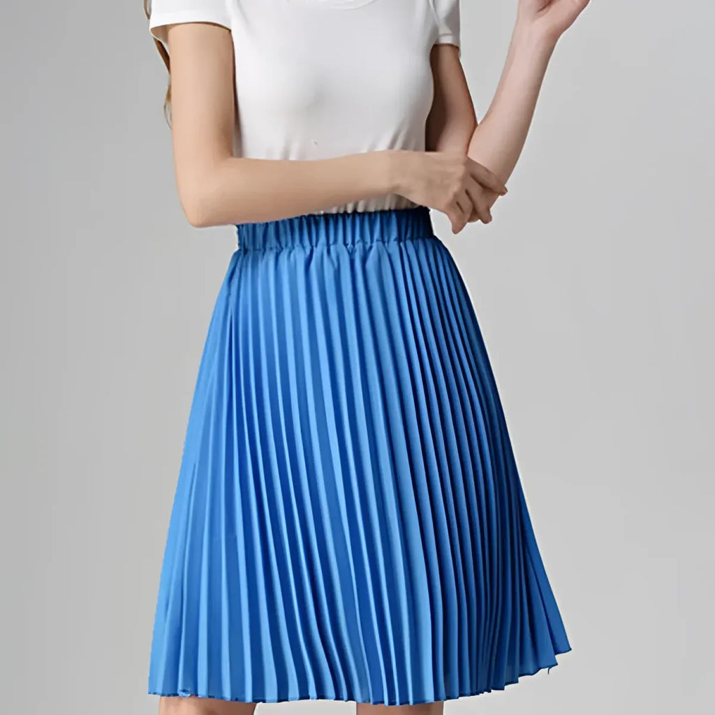 Knife Pleated Chiffon Midi Skirt - A-Line Empire Waist - Blue / One Size - Pleated Skirt