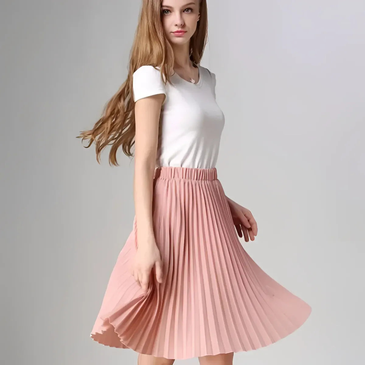 Knife Pleated Chiffon Midi Skirt - A-Line Empire Waist