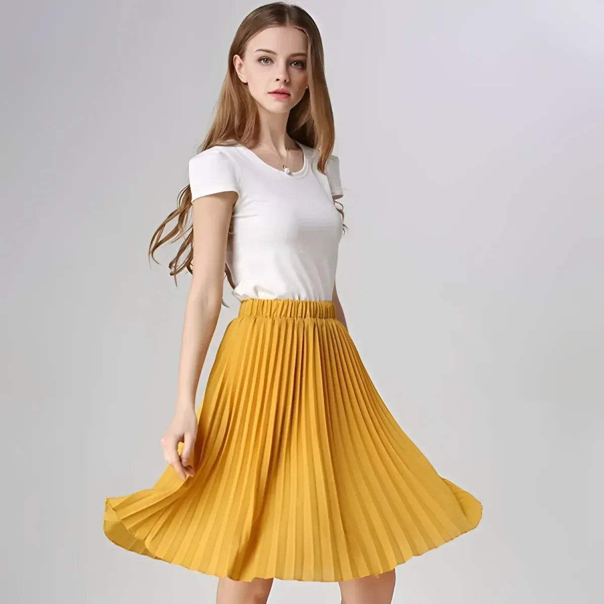 Knife Pleated Chiffon Midi Skirt - A-Line Empire Waist