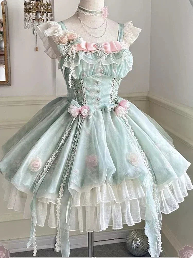 Fairy Elegant Lolita Strap Dress Lace Bow Sweet Girl Kawaii Japanese Cosplay Tea Party Daily Casual Women Outfits 2026