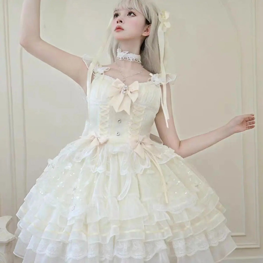Fairy Elegant Lolita Strap Dress Lace Bow Sweet Girl Kawaii Japanese Cosplay Tea Party Daily Casual Women Outfits 2026