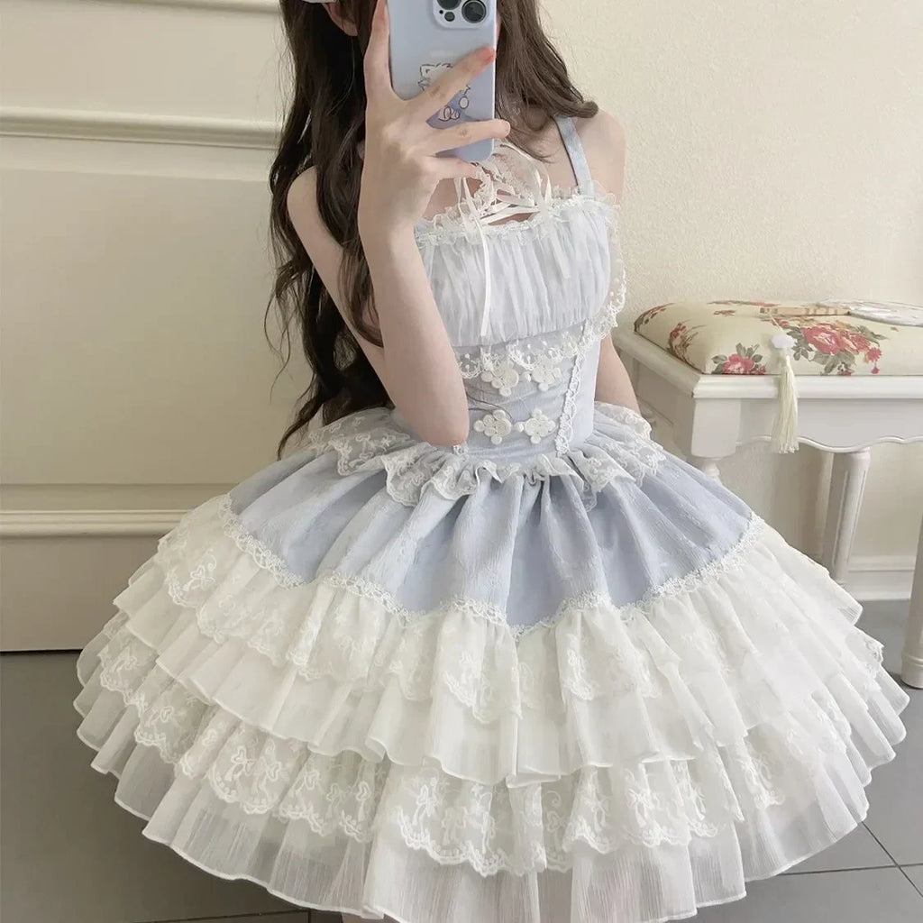 Fairy Elegant Lolita Strap Dress Lace Bow Sweet Girl Kawaii Japanese Cosplay Tea Party Daily Casual Women Outfits 2026