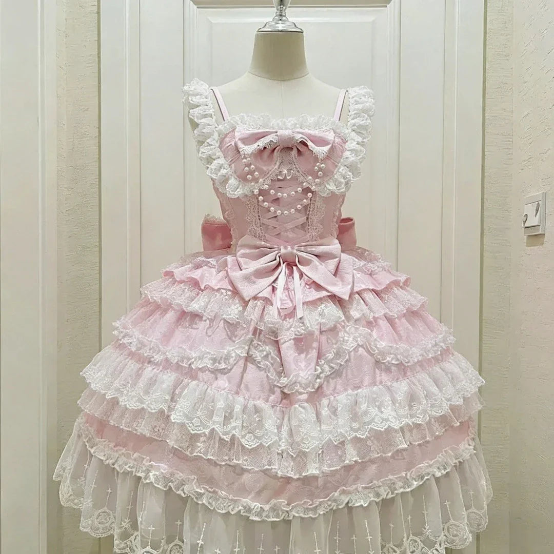 Fairy Elegant Lolita Strap Dress Lace Bow Sweet Girl Kawaii Japanese Cosplay Tea Party Daily Casual Women Outfits 2026