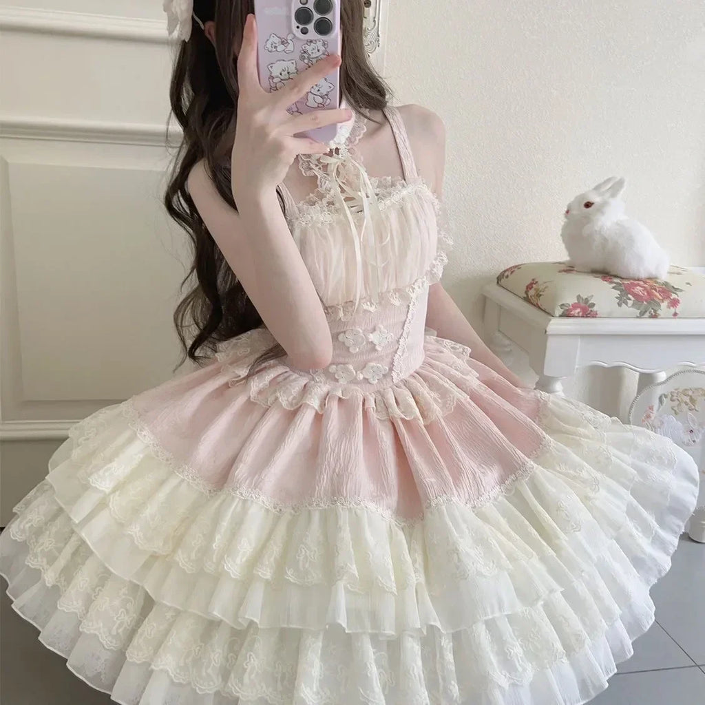 Fairy Elegant Lolita Strap Dress Lace Bow Sweet Girl Kawaii Japanese Cosplay Tea Party Daily Casual Women Outfits 2026