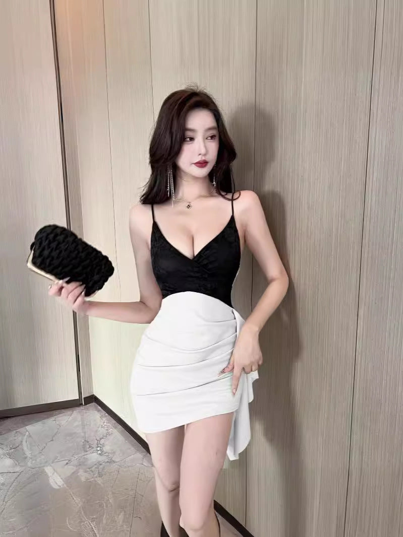 Fake Two-Piece Lace Stitching Contrasting Suspender Hip Dress Women’s Summer Sexy Low-Cut Tight Pleated Short Skirt