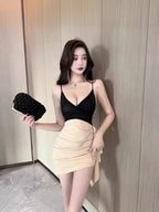 Fake Two-Piece Lace Stitching Contrasting Suspender Hip Dress Women’s Summer Sexy Low-Cut Tight Pleated Short Skirt