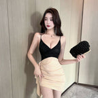 Fake Two-Piece Lace Stitching Contrasting Suspender Hip Dress Women’s Summer Sexy Low-Cut Tight Pleated Short Skirt