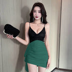 Fake Two-Piece Lace Stitching Contrasting Suspender Hip Dress Women’s Summer Sexy Low-Cut Tight Pleated Short Skirt