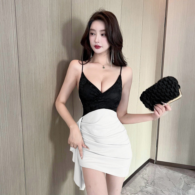Fake Two-Piece Lace Stitching Contrasting Suspender Hip Dress Women’s Summer Sexy Low-Cut Tight Pleated Short Skirt