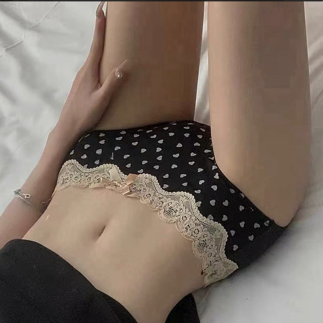 Lace Edge Underwear for Women Sexy Low-Waist Cotton Blocking Love Japanese Style Girls’ Ice Silk Sweet Briefs