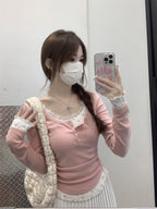 Lace Fake Two-piece Long-sleeved T-shirt Women’s Spring and Autumn New Korean Style Slim-fit Floral Base Shirt Inner