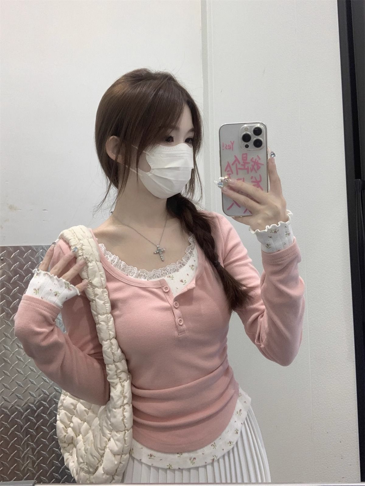 Lace Fake Two-piece Long-sleeved T-shirt Women’s Spring and Autumn New Korean Style Slim-fit Floral Base Shirt Inner