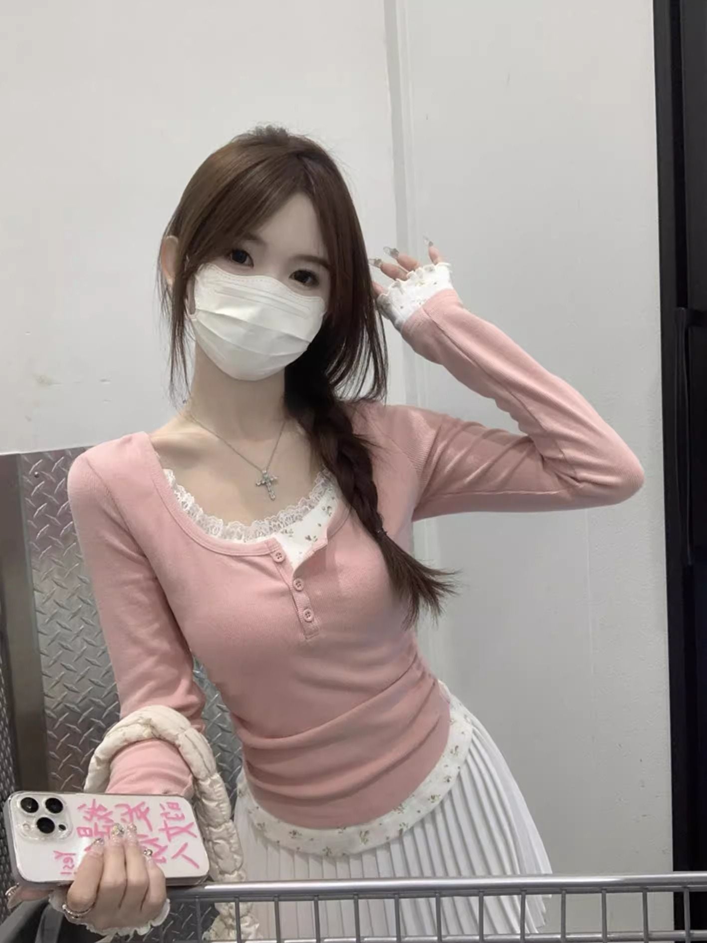 Lace Fake Two-piece Long-sleeved T-shirt Women’s Spring and Autumn New Korean Style Slim-fit Floral Base Shirt Inner
