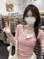 Lace Fake Two-piece Long-sleeved T-shirt Women’s Spring and Autumn New Korean Style Slim-fit Floral Base Shirt Inner