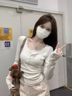 Lace Fake Two-piece Long-sleeved T-shirt Women’s Spring and Autumn New Korean Style Slim-fit Floral Base Shirt Inner