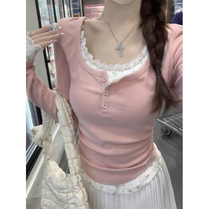 Lace Fake Two-piece Long-sleeved T-shirt Women’s Spring and Autumn New Korean Style Slim-fit Floral Base Shirt Inner