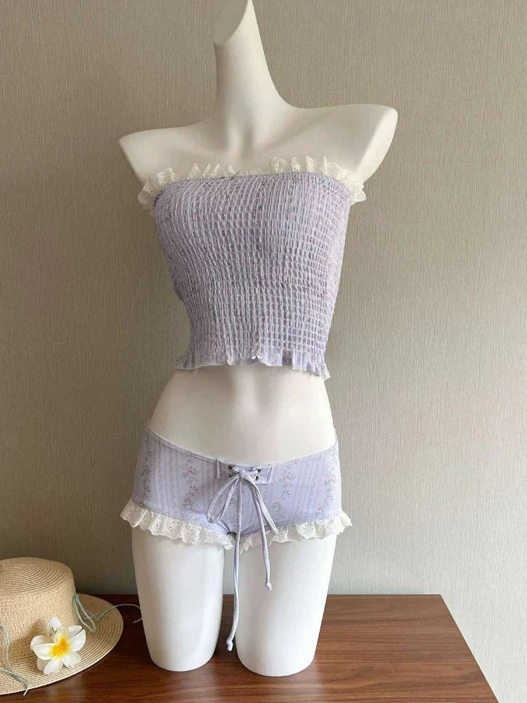 Korean Fashion Sweet Lace Sexy Bikini Swimsuits 2000s Beach Party Style Japanese Kawaii 3 Piece Bikini Set Y2k Swimwear