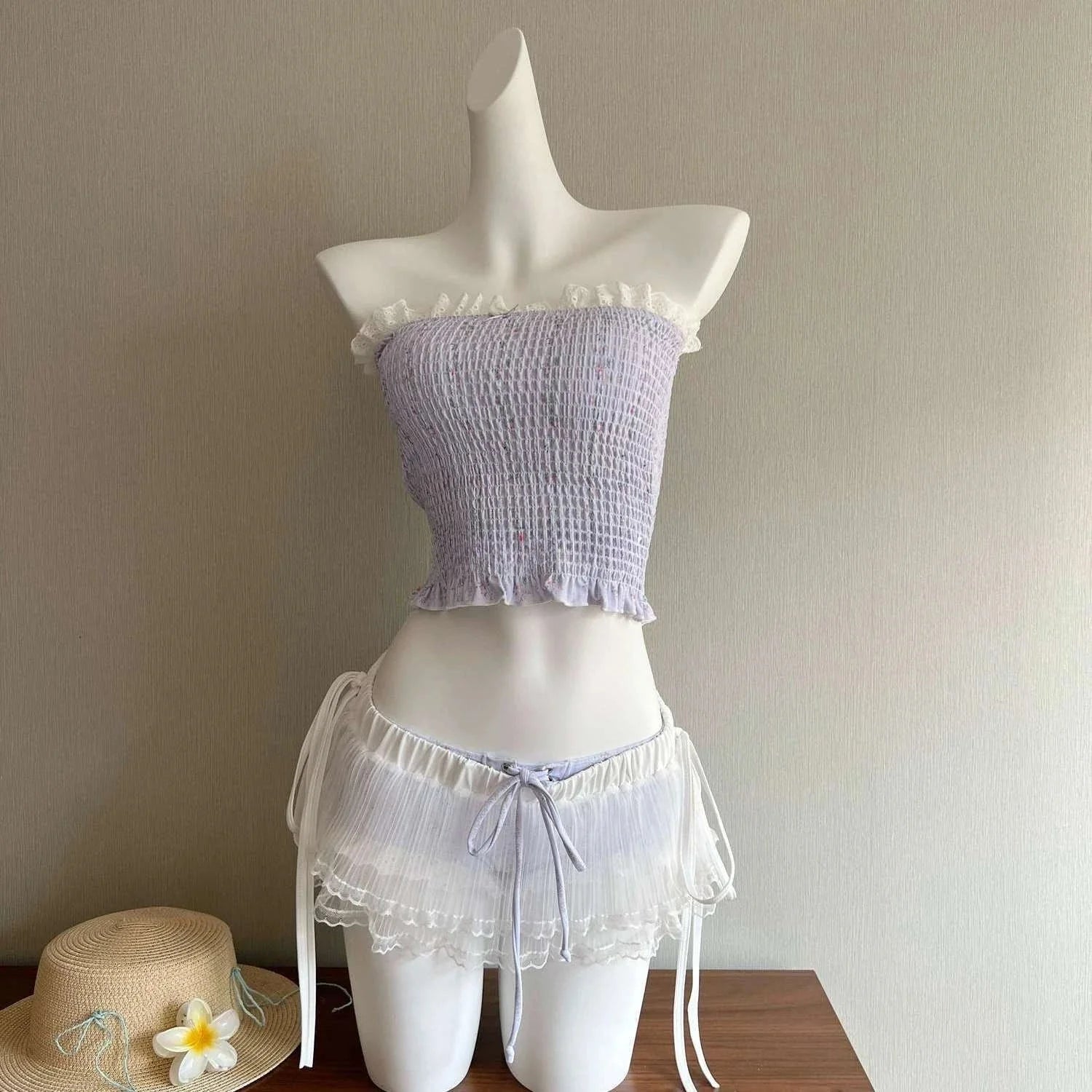 Korean Fashion Sweet Lace Sexy Bikini Swimsuits 2000s Beach Party Style Japanese Kawaii 3 Piece Bikini Set Y2k Swimwear