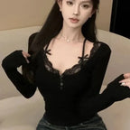 Autumn Sweet Lace Stitching V-neck Skinny Top Pink Coquette Aesthetic Slim-fit Long Sleeve T-shirts Cute Casual Tees