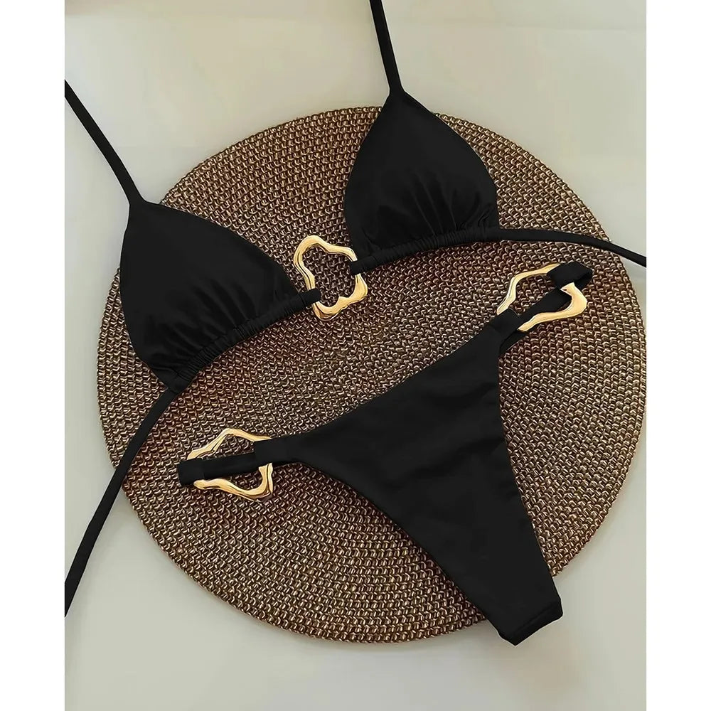 New Sexy Bikini Solid Color Lace-up Split Two-piece Swimsuit for Women - Black / S