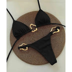 New Sexy Bikini Solid Color Lace-up Split Two-piece Swimsuit for Women - Black / S
