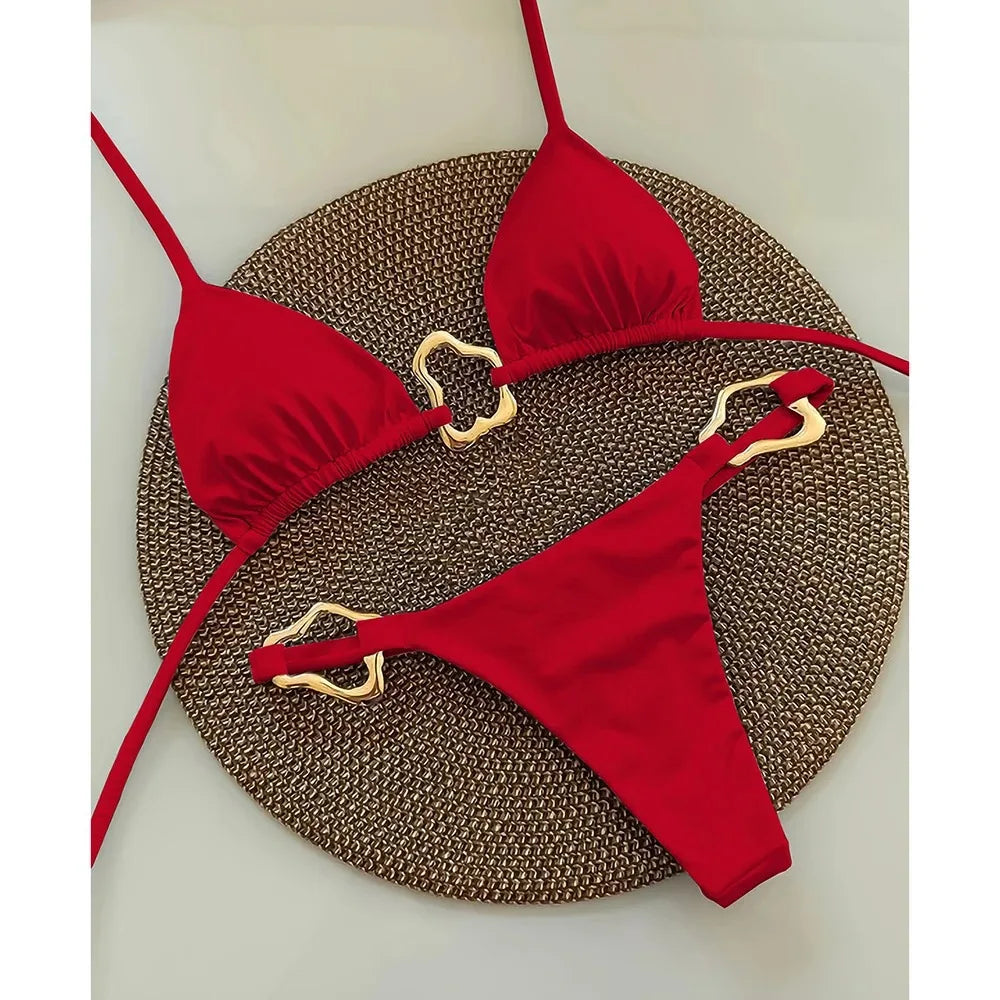 New Sexy Bikini Solid Color Lace-up Split Two-piece Swimsuit for Women - Dark Red / M