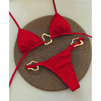 New Sexy Bikini Solid Color Lace-up Split Two-piece Swimsuit for Women - Dark Red / M