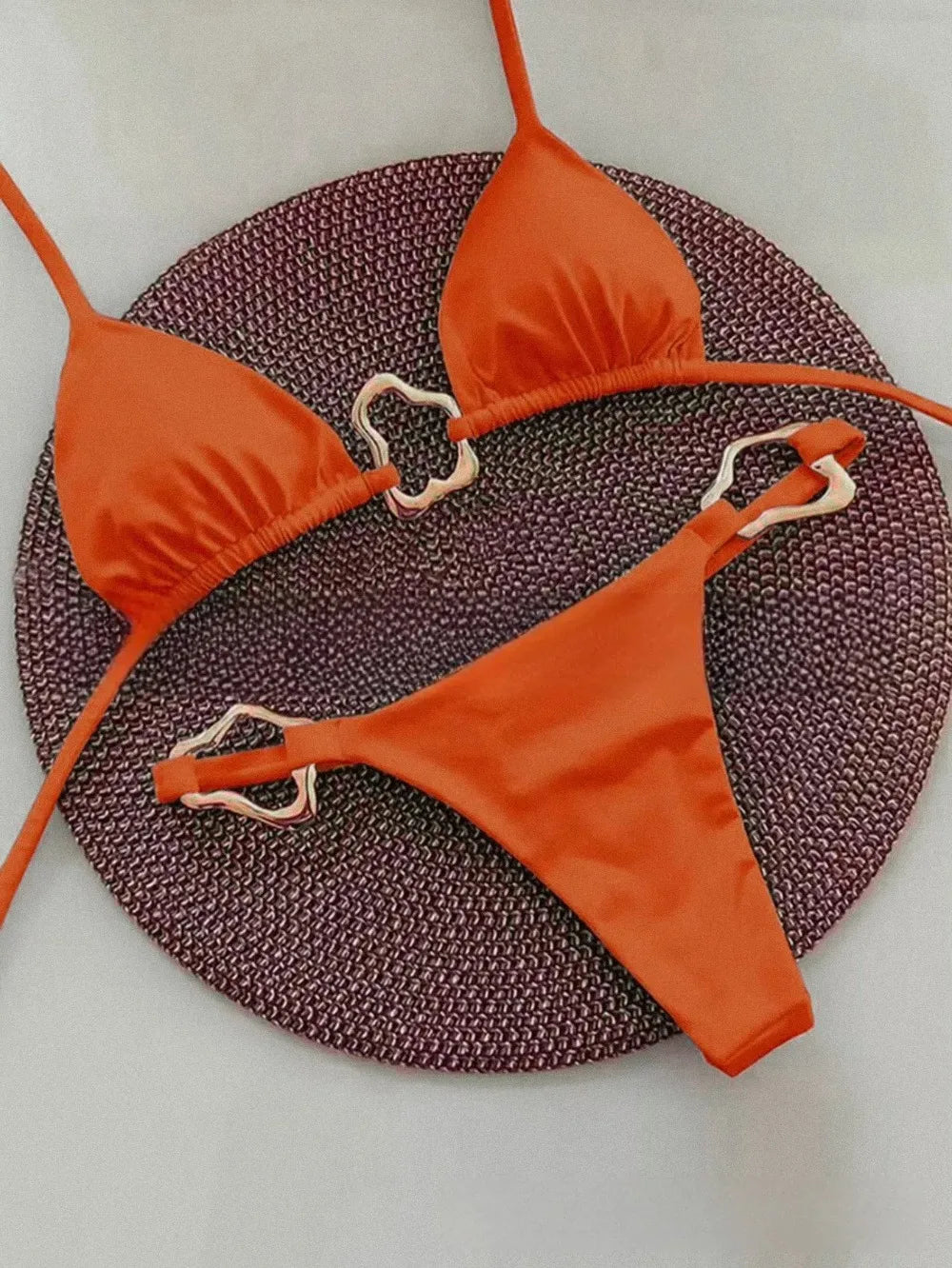 New Sexy Bikini Solid Color Lace-up Split Two-piece Swimsuit for Women - Orange / S