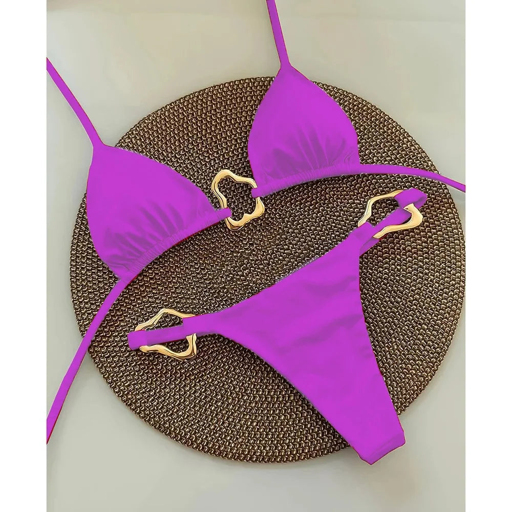 New Sexy Bikini Solid Color Lace-up Split Two-piece Swimsuit for Women - Purple / L