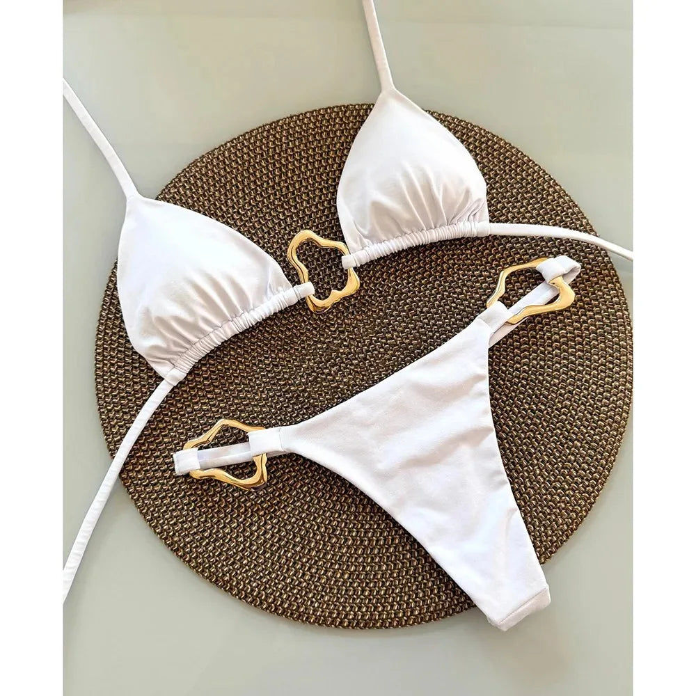 New Sexy Bikini Solid Color Lace-up Split Two-piece Swimsuit for Women - White / L