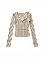 Pure Lust Style Sweet and Spicy Lace V Neck Fake Two-Piece Long-Sleeved Knitwear Spring Slim Side Pleated Bottoming Top