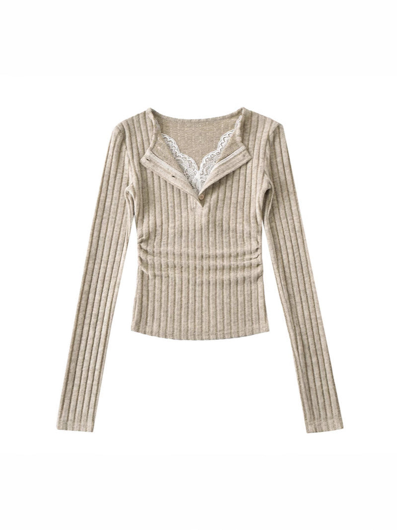 Pure Lust Style Sweet and Spicy Lace V Neck Fake Two-Piece Long-Sleeved Knitwear Spring Slim Side Pleated Bottoming Top
