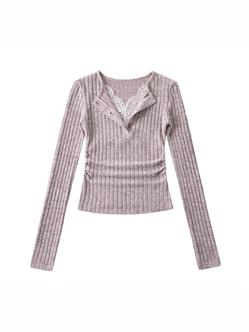 Pure Lust Style Sweet and Spicy Lace V Neck Fake Two-Piece Long-Sleeved Knitwear Spring Slim Side Pleated Bottoming Top