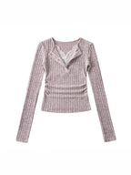 Pure Lust Style Sweet and Spicy Lace V Neck Fake Two-Piece Long-Sleeved Knitwear Spring Slim Side Pleated Bottoming Top