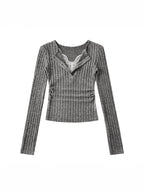 Pure Lust Style Sweet and Spicy Lace V Neck Fake Two-Piece Long-Sleeved Knitwear Spring Slim Side Pleated Bottoming Top