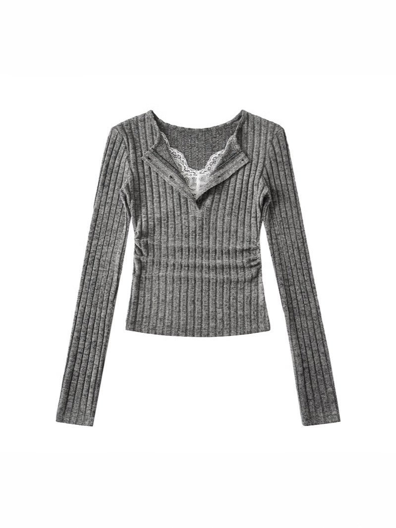 Pure Lust Style Sweet and Spicy Lace V Neck Fake Two-Piece Long-Sleeved Knitwear Spring Slim Side Pleated Bottoming Top