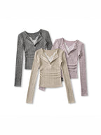 Pure Lust Style Sweet and Spicy Lace V Neck Fake Two-Piece Long-Sleeved Knitwear Spring Slim Side Pleated Bottoming Top