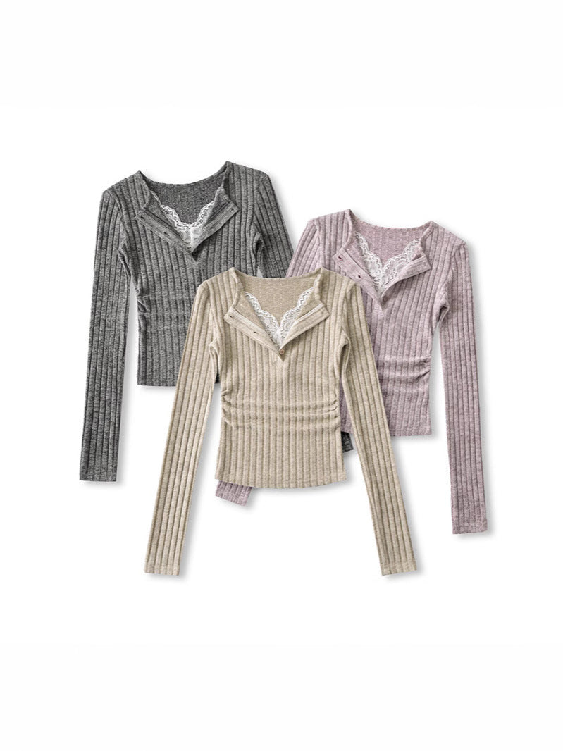 Pure Lust Style Sweet and Spicy Lace V Neck Fake Two-Piece Long-Sleeved Knitwear Spring Slim Side Pleated Bottoming Top