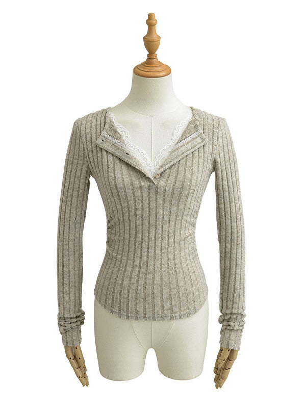 Pure Lust Style Sweet and Spicy Lace V Neck Fake Two-Piece Long-Sleeved Knitwear Spring Slim Side Pleated Bottoming Top