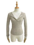 Pure Lust Style Sweet and Spicy Lace V Neck Fake Two-Piece Long-Sleeved Knitwear Spring Slim Side Pleated Bottoming Top