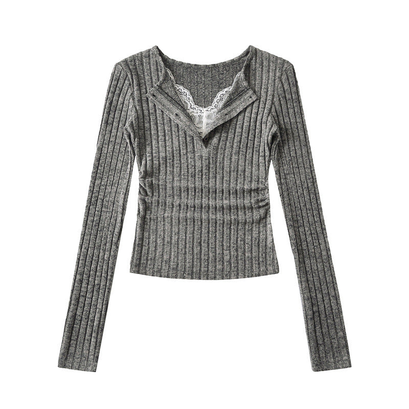Pure Lust Style Sweet and Spicy Lace V Neck Fake Two-Piece Long-Sleeved Knitwear Spring Slim Side Pleated Bottoming Top
