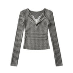 Pure Lust Style Sweet and Spicy Lace V Neck Fake Two-Piece Long-Sleeved Knitwear Spring Slim Side Pleated Bottoming Top