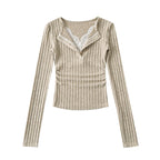 Pure Lust Style Sweet and Spicy Lace V Neck Fake Two-Piece Long-Sleeved Knitwear Spring Slim Side Pleated Bottoming Top