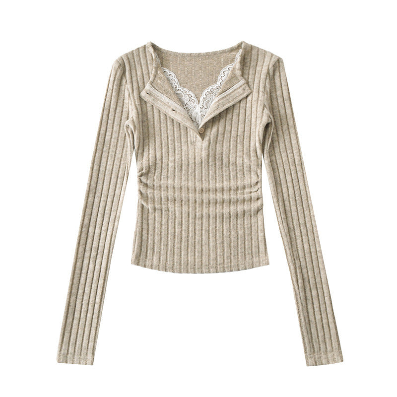 Pure Lust Style Sweet and Spicy Lace V Neck Fake Two-Piece Long-Sleeved Knitwear Spring Slim Side Pleated Bottoming Top