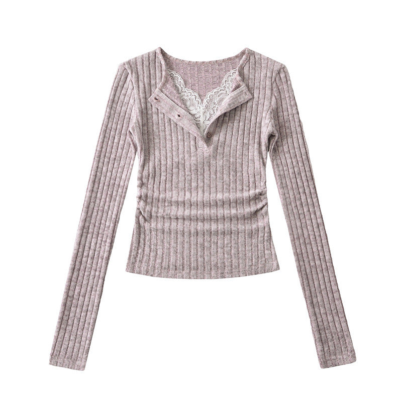 Pure Lust Style Sweet and Spicy Lace V Neck Fake Two-Piece Long-Sleeved Knitwear Spring Slim Side Pleated Bottoming Top