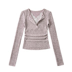 Pure Lust Style Sweet and Spicy Lace V Neck Fake Two-Piece Long-Sleeved Knitwear Spring Slim Side Pleated Bottoming Top
