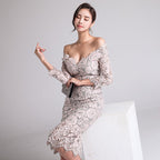 Elegant Lace V Neck Slim Sexy Dress 2023 Korean Style Women’s Slimming Look Hip-Hugging Three-Quarter Sleeve Mid-Length