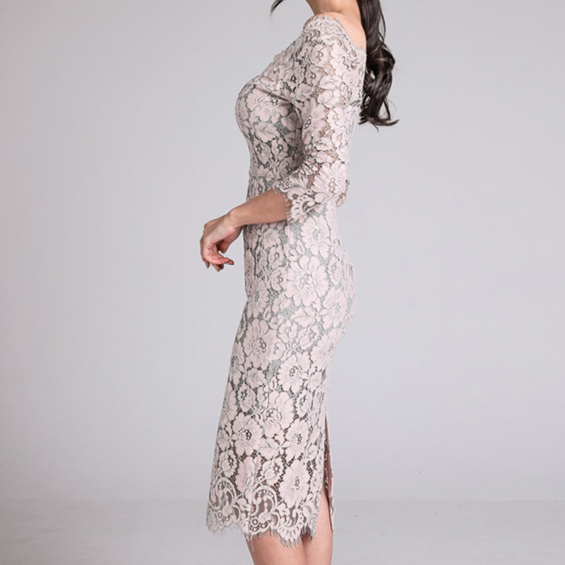 Elegant Lace V Neck Slim Sexy Dress 2023 Korean Style Women’s Slimming Look Hip-Hugging Three-Quarter Sleeve Mid-Length