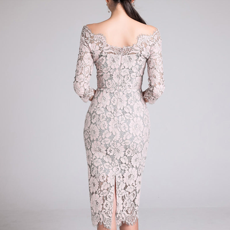 Elegant Lace V Neck Slim Sexy Dress 2023 Korean Style Women’s Slimming Look Hip-Hugging Three-Quarter Sleeve Mid-Length
